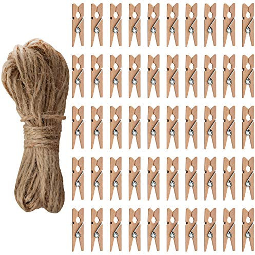 Maxi-Solutions 50 pcs 3.5cm Mini Wooden Pegs and 1000cm Jute Twine String - Stylish Way of Hanging Photos - Christmas/New Born/Birthday/Anniversary Card Holder, Great Arts & Crafts Gifts