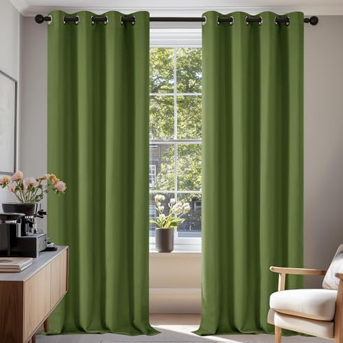 Deconovo Super Soft Ring Top Thermal Insulated Blackout Curtains for Bedroom Eyelet 55x82 Inch Two Panels Green