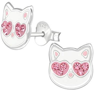 Monkimau Mädchen Ohrringe Katze Ohrstecker aus 925 Sterling Silver echt Silber mit 12 Kristallen Herzchen