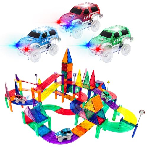 PicassoTiles 128 Piece Magnetic Tiles Race Track, STEM Set with LED Cars 3+ | Multi-level slope design, BPA-free construction, boosts fine motor skills, screen-free racing fun for curious young minds