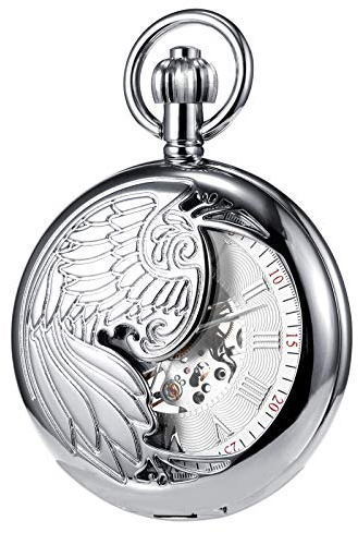 TREEWETO Herren Taschenuhr mit Kette, Retro Adler Analog Steampunk Skelett Uhr, Mechanisch Handaufzug Taschenuhren mit römischen Ziffern für Herren