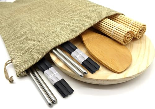 Buabi Sushi kit con palillos de Acero Inoxidable, palillos de madera, esterillas, y paleta de bambú. Con bolsa de lino de regalo (con Plato de Madera)