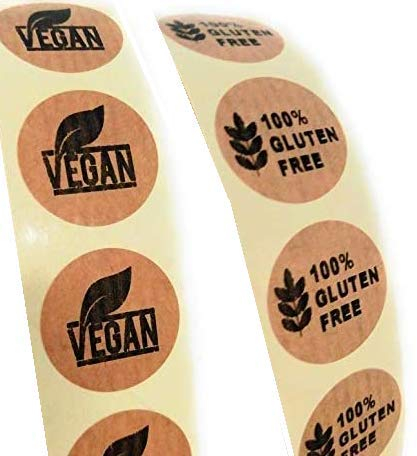 1000 etiketten Kraftpapier, 500 vegan etiketten und 500 Gluten free Etiketten, 22 mm