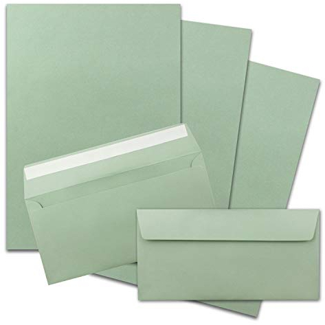 50x Briefpapier Set DIN A4 mit DIN Lang Briefumschlägen, Haftklebung - Eukalyptus-Grün - mattes Schreibpapier mit Kuverts - FarbenFroh by GUSTAV NEUSER