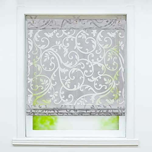 Joyswahl Voile Ösenrollo Transparenter Raffrollo mit Blumen Ausbrennerqualität »Jesscia« Schals Fenster Gardine mit Hakenaufhängung, Raffrollo ohne Bohren BxH 100x130cm, Grau 1 Stück