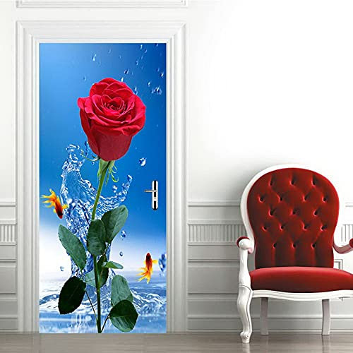 A.Monamour Sticker Porte Autocollant Poster De Porte 3D l'eau Éclabousse Le Poisson Rouge Rose Rouge Zen sur Fond Bleu Vinyle Affiche De Porte Sticker Mural Papier Peint Art Décor 85 x 200 cm