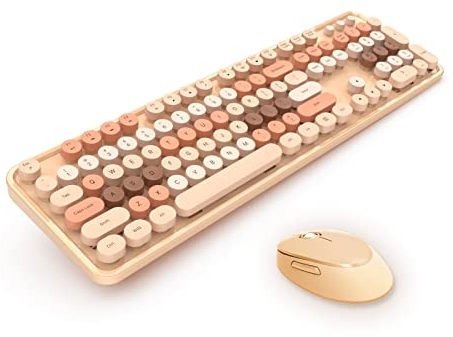 Kabelloses Tastatur- und Maus-Kombi-Set, 104 Runde Tasten Bunte Süße Retro-Tastatur, Schreibmaschinentastatur für Windows XP/win7/win8/win10(Milchtee gemischt)