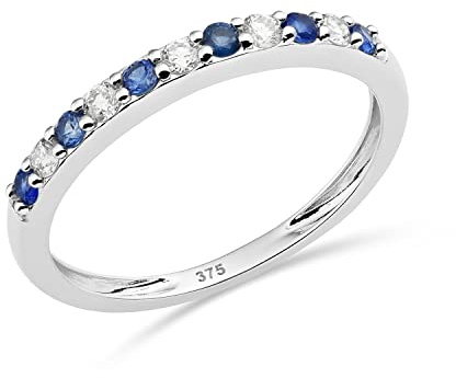 MIORE Schmuck Damen 0.12 Ct Diamant Ewigkeitsring mit Edelstein Geburtsstein 6 natürliche runder blaue Saphire und 5 Diamanten Brillanten Eternity Ring aus Weißgold 9 Karat (375) Gold