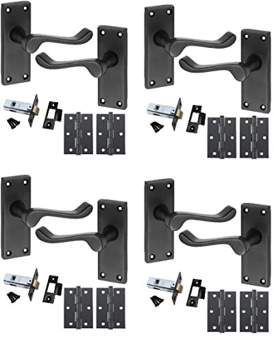 Golden Grace Premium Victorian Scroll Door Handles Latch in Matt Black Finish with Black Ball Bearing Hinges & Latch Pack, 4 Sets - 120mm x 40mm Backplate