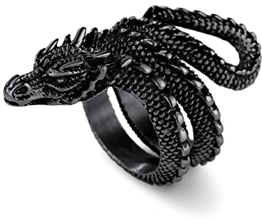 U7 Herren Statement Ring mit Lóng Motiv Schwarz Wikinger Drache Großer Ring Hip Hop Street Style Modeschmuck Accessoire für Biker Rapper(Ring Größe 64)