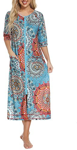 Rubehoow Women's Zipper Robes Half Sleeve Robe Full Length Lightweight Housecoats with Pockets(Mandala,M)