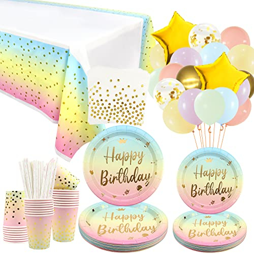 Gold Dot Rainbow Pastel Birthday Party Tableware Supplies - Plates, Cups, Napkins, Straws, Balloon, Tablecloth for Rainbow Pastel Birthday Baby Shower Wedding Party Decoration - Serves 25