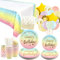 LSJDEER Vaisselle de fête d'anniversaire pastel arc-en-ciel à pois dorés - Assiettes, tasses, serviettes, pailles, ballon, nappe pour anniversaire pastel arc-en-ciel Décoration- Pour 25 personnes