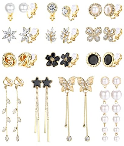 Kakonia 13 Paare Clip-On Ohrringe für Frauen und Mädchen - Gold/Silber Nicht Durchbohrt CZ Simuliert Perle Schmetterling Blume Stern Twist Knoten Hypoallergene Set