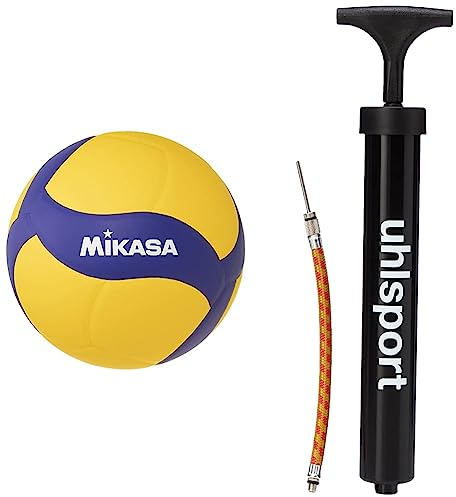 Mikasa Unisex – Erwachsene V330W/Blau/Gelb & uhlsport Ballpumpe klein (6), für Fußball, Volleyball & Co., kompakte Luftpumpe mit Flexibler Verlängerung, Schwarz