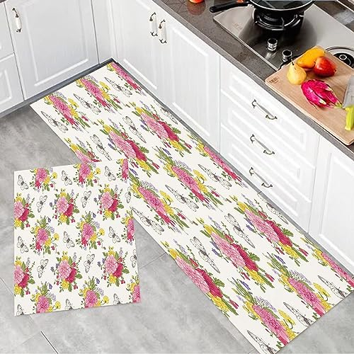 2 Stück Küchenmatte Waschbar rutschfest Küchenmatte,Shabby Chic Dekor, Pfingstrosen Rosen Sweet Peas Bell bunten Blumenstrauß S,Teppiche Mit Staubdicht Für Küche Wohnzimmer, Esszimmer (45x70+45x120cm)