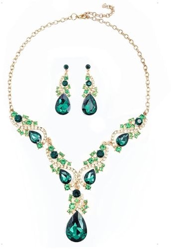 KONFEN Damen Hochzeit Schmuckset, Strass Anhänger Halskette und Ohrringe Set, Hochzeitsschmuck Braut Brautjungfer Kostüm Schmuck Set Hohzeitschmuk für Frauen und Mädchen (Grün)