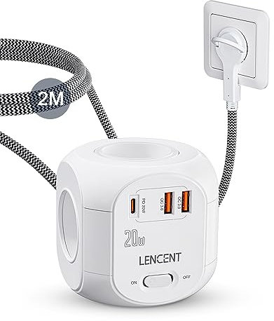 LENCENT Cube rallonge multiprise Fiche Plate Amélioré PD 20W 2M avec 4 Prises AC, 3 USB et 1 Type C, Surtensions pour rallonge électrique avec Interrupteur pour Maison, Cuisine, Bureau, Tressé Cable