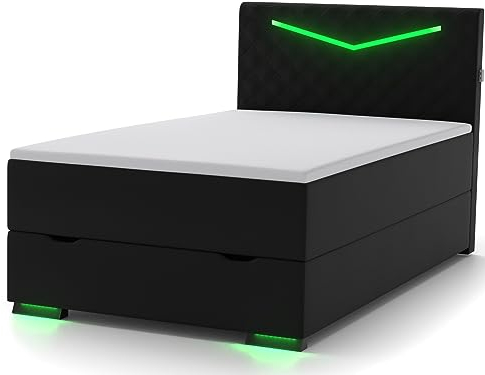 wonello Dacota Boxspringbett 140x200 mit Bettkasten in Schwarz I LED Beleuchtung und USB Anschlüssen I Design Bett für Jugendliche und Erwachsene I Stauraumbett mit Matratze und Topper