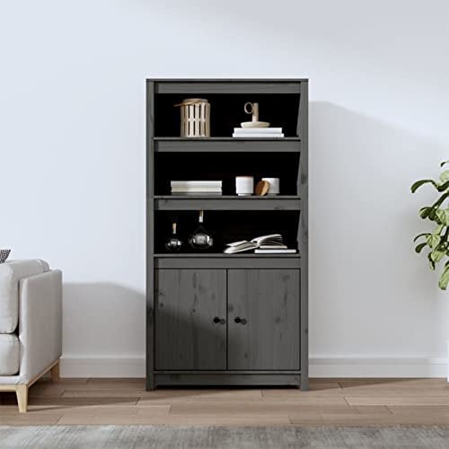 BaraSh Highboard Grau 80x35x154 cm Wohnzimmer Esszimmerschrank Wohnzimmer Schrank Highboard Vintage Buffetschrank Massivholz Kiefer