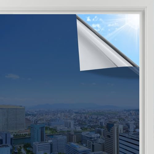 rabbitgoo Spiegelfolie Fenster Sichtschutz, Einseitig Fensterfolie Blickdicht von außen Blausilber 60x200cm, Sonnenschutzfolie Fenster Innen Tönungsfolie Wärmeschutzfolie UV Schutzfolie