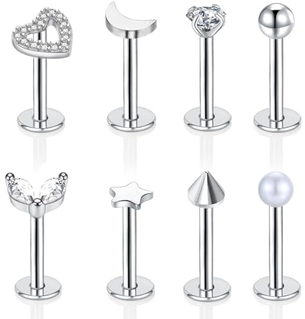 Gojewen 8stk Lippenpiercing Labret Stecker 8mm Edestahl 16G Piercing Helix Tragus Cartilage Medusa Lippe Silber Herz Stern