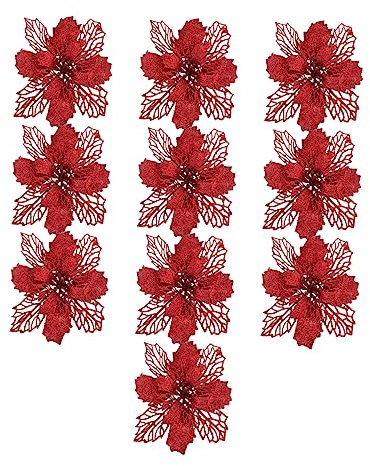 Amosfun 10st Weihnachtsgoldstaubblumen Weihnachtssterne Glänzende Weihnachtssternblume Weihnachtsglitzer Weihnachtsstern Hängende Weihnachtsblume Rote Rosen 16c Anlage Plastik Künstlich