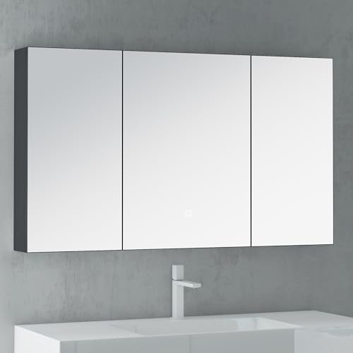 doporro Armoire Murale Salle de Bains avec Miroir LED Placard de Rangement Gris Noir Mat en Bois Armoire de Toilette 3 Portes 120x15x70 cm Spiegelschrank 04