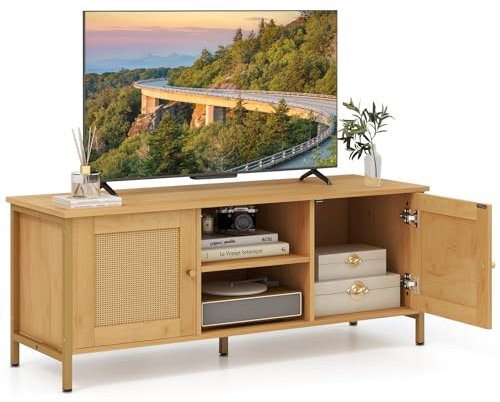 CASART TV Stand Cabinet for TVs up to 55, Wooden TV Console Table with Rattan Doors, Storage Shelves & 5 Metal Legs, Media Entertainment Center TV Unit for Living Room Bedroom (Natural + Gold)