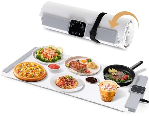 Bandeja de calentamiento eléctrica, calefacción de superficie completa, enrollable y portátil, nanomaterial de silicona premium, 5 ajustes de temperatura, apagado automático, calentador de alimentos