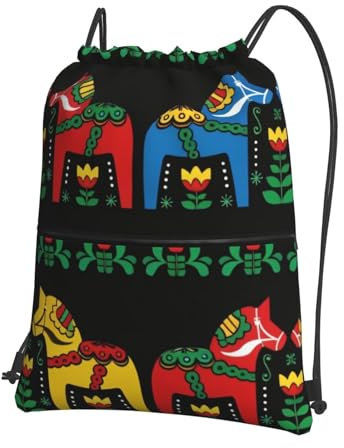 Runner schwedischer Dala-Pferd-Rucksack, Outdoor, Freizeit, Reißverschluss, Kordelzug, multifunktional, langlebig und leicht, mit 1 kleinen Reißverschlusstasche innen, für das Fitnessstudio, Schwarz ,