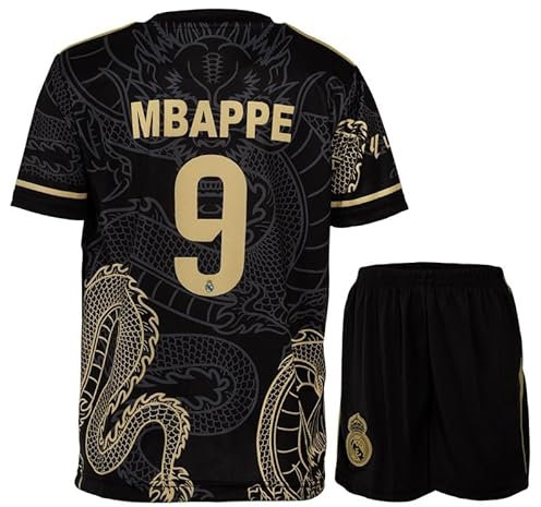 KISRAS R. Madrid Mbappe #10 Retro Goldener Schwarzer Drache Limitierte Sonderedition Seltenes Fußball Kinder Trikot Shorts Set Jugendgrößen (Schwarz,152)
