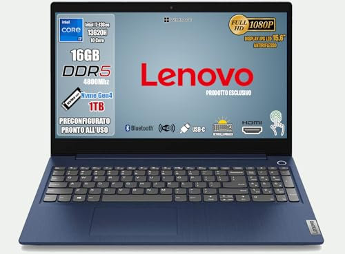 Lenovo PC Portatile i7 13620H 13ª Gen, Notebook 16GB DDR5, SSD 1Tb, IPS FHD 15.6, Win 11 Pro, Wi-Fi, Bt, USB 3.2, Computer Portatile, Tastiera Retroilluminata, Fingerprint, Laptop EXCLUSIVE EDITION