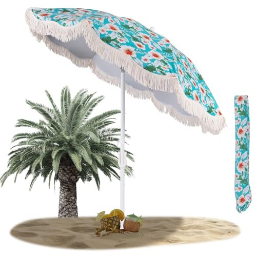 RELAX4LIFE Parasol à Frange Rustique Φ200CM, Parasol Plage Inclinable avec Mât Démontable et Pieds à Vrille, Parasol à 8 Baleines Imperméables W/R pour Plage, Jardin, Patio