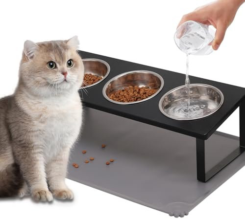 Upgraded Elevated Cat Bowls with Food Mat,15°Tilted Stand Anti Vomiting Raised Cat Dishes for Food and Water,3 Stainless Steel Bowls for Cats and Puppy(Black)