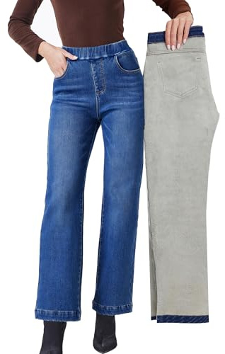 Fakanhui Damen Jeans mit weitem Bein, Fleece gefüttert, Winter, Thermo-Flanell, gefütterte Jeans, lockere Schlupfjeans