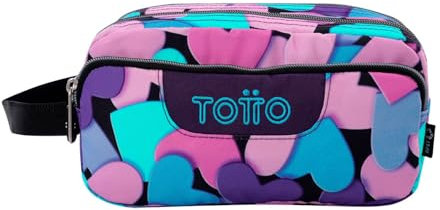 TOTTO - Estuche Escolar 3 Compartimentos, Modelo Agapec, Estuche Grande, Dimensiones 23 x 11.5 x 10.5 cm, Asa Lateral, Tiradores Ergonómicos con PVC, Tejido Resistente, Estampado Dear Blue Corazones