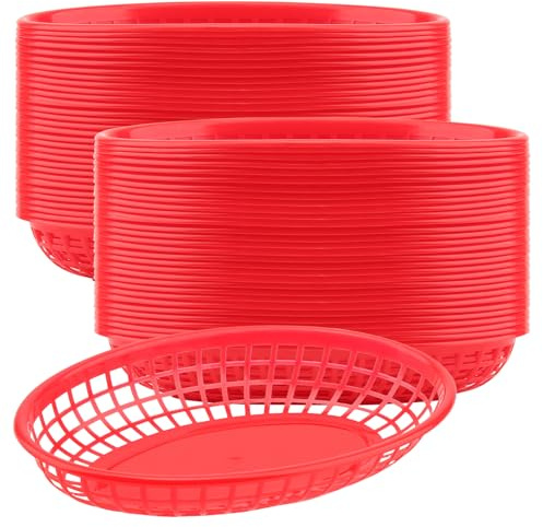 KEILEOHO 60 Stück Kunststoff Fast Food Korb, 23 x 14 x 4 cm Ovale Körbe Plastik Rot Servierkörbe zum Servieren