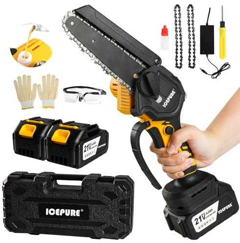 ICEPURE Mini motosega con batteria da 8000 mAh, 6 pollici, per legno fino a 15 cm di diametro, potente motore brushless con lubrificazione automatica e display digitale, giardinaggio e progetti fai da