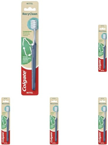 Colgate Zahnbürste RecyClean mittel, 1 Stück - Handzahnbürste mit Borsten auf Pflanzenbasis & Griff aus 100% recyceltem Plastik (Packung mit 5)
