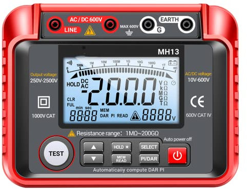 Mulcort MH13 - Tester di resistenza di isolamento digitale, 250 V-2500 V, 1 MΩ-200 GΩ, Megohm Test Meter Auto Range 2000 Counts LCD Display 10 V ~ 600 V AC/DC Voltmetro con 100 memoria dati