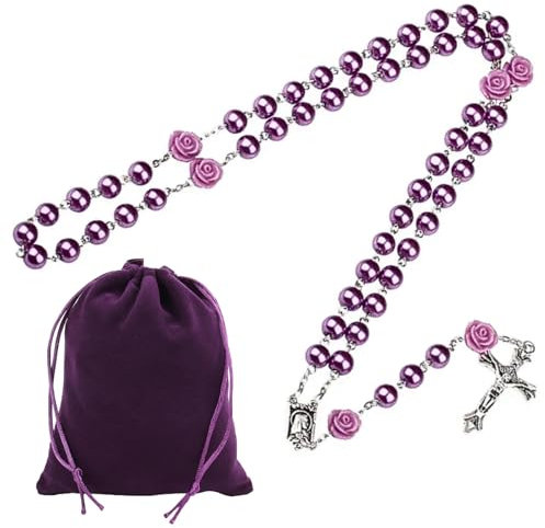 XoeLLe Collana Rosario Croce Cattolica, Perle Rosa Rosario Collana, Collana Amuleto Gioielli Religiosi, Medaglia Lourdes Croce Crocifisso, Velluto Borsa, per Cattolici Comunione Religiosa (Viola)