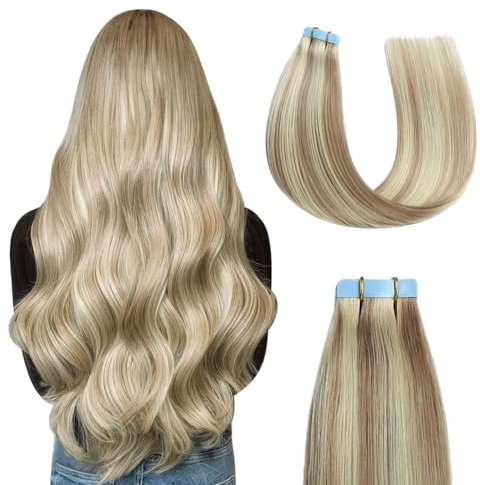 Sunya Tape in Extensions Echthaar 45cm Blond Gerade Nahtlos Haut Tape in Echthaarverlängerungen Aschblond Highlight mit Bleichblond Klebeband in Hair Extensions #P18/613 50g 20pcs
