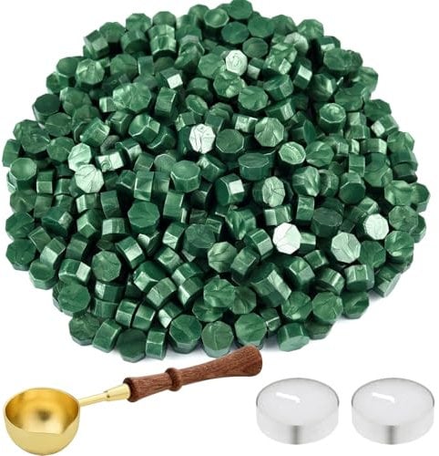 NEBURORA 200 Stück Siegelwachs perlen, Siegelwachs Grün mit Wachslöffel und 2 Teelichtern, achteckiges Wachssiegel-Set für Stempel,Einladungskarten, Umschläge,Weinpakete,Geschenkverpackungen