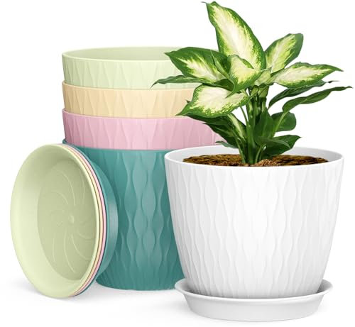 Plastic Plant Pots Indoor, 5 Pack 20cm/8 Inch Stripe Grooves Flower Pots with Drainage Holes and Tray, Modern Decorative Planter Pot for All House Plants(Multicolor)