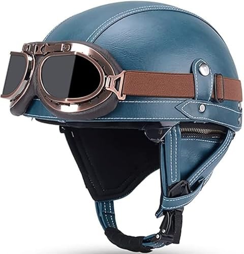 Retro Motorradhelm, Lederhelm Jethelme Leder-Helm Vintage Mopedhelm Mit Brille Motorradkreuzer-Rollerhelm Motorrad Helme Für Herren Halbschalenhelm Mit Ece