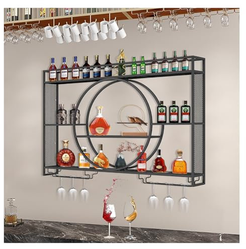 Weinregal Wand Mit LED-Licht, Wandhalterung Zum Regal Aufhängen, Weinregal Mit Glashalter Wand Flaschenhalter, Flaschenregal Wandmontage Weinständer Für Bar Küche Wohnzimmer Weinkeller(Black,180*15*80