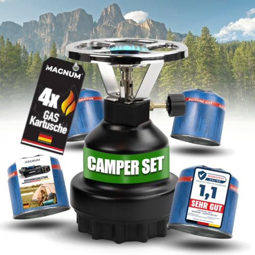 Magnum® Campingkocher inkl. 4 Gaskartuschen [Testnote: Sehr gut] Gaskocher schwarz - Camping Gaskocher stufenlos regulierbar - Gaskocher Camping (4 Kartuschen)
