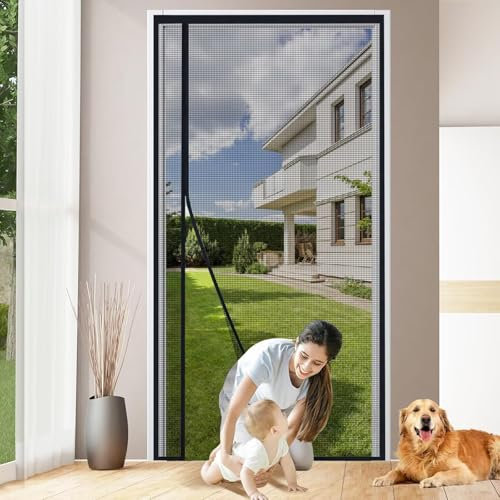 Mosquitera magnética para puerta, 130x215cm NegroMosquitera de malla para insectos con cinta de fijación de marco completo para puerta de sala de estar, balcón, pasillo, sin taladrar