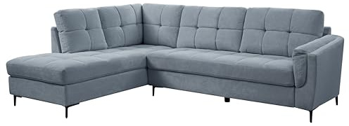 Home Detail L-Shaped Sectional Corner Sofa with Left or Right Hand Chaise, 4 Seater Sofa in Linen Fabric with Metal Legs (Blue Linen - Left Hand Facing)